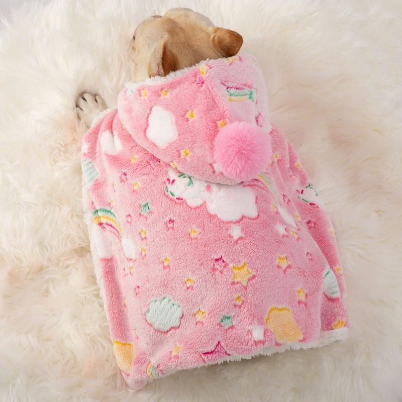 Pink Rainbow hooded plush cape on Frenchie — back view