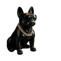 Large glossy black French Bulldog floor statue with sunglasses and gold chain — living room décor