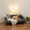 Dark grey luxury sofa-style pet bed with Frenchie — waterproof faux-leather look
