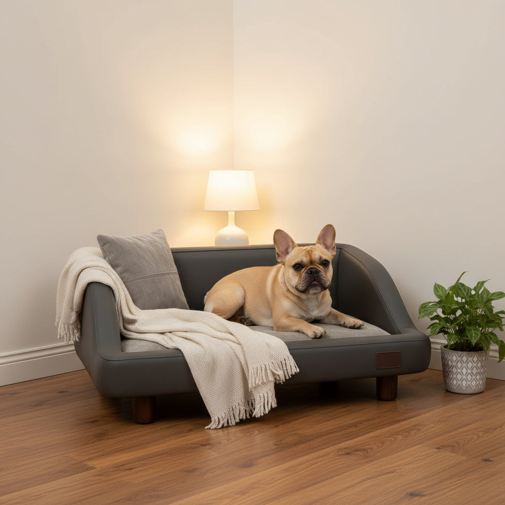 Dark grey luxury sofa-style pet bed with Frenchie — waterproof faux-leather look