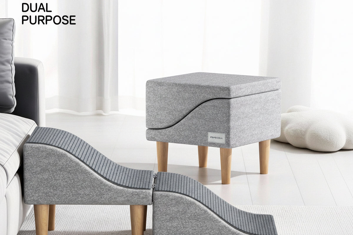 Foldable pet stairs stool — dual-purpose lifestyle: ramp beside sofa and folded stool