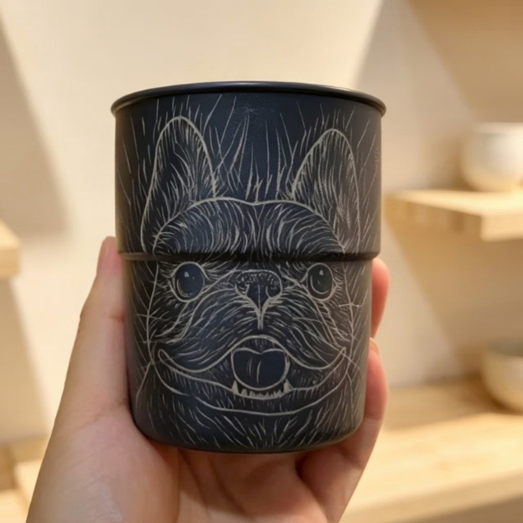 Matte Black Carved Frenchie Cup — Etched Line Art