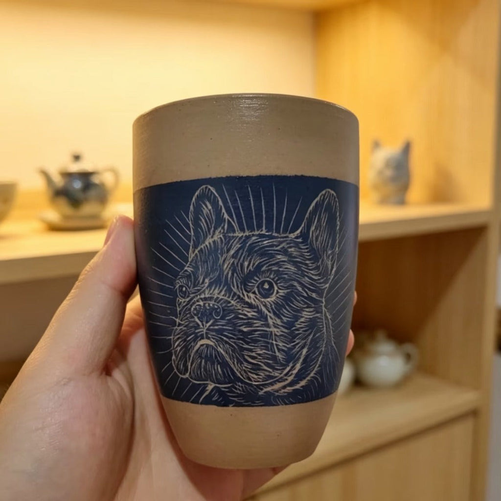 Frenchie Carved Ceramic Tumbler — Navy Glaze