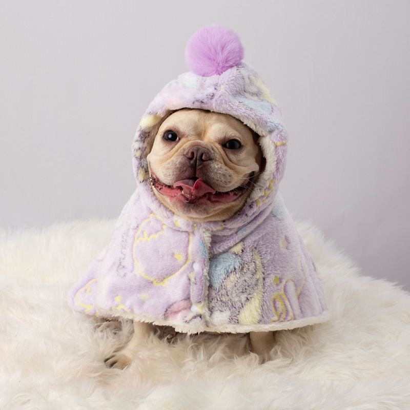 Purple glow-print hooded pet cape — front on Frenchie