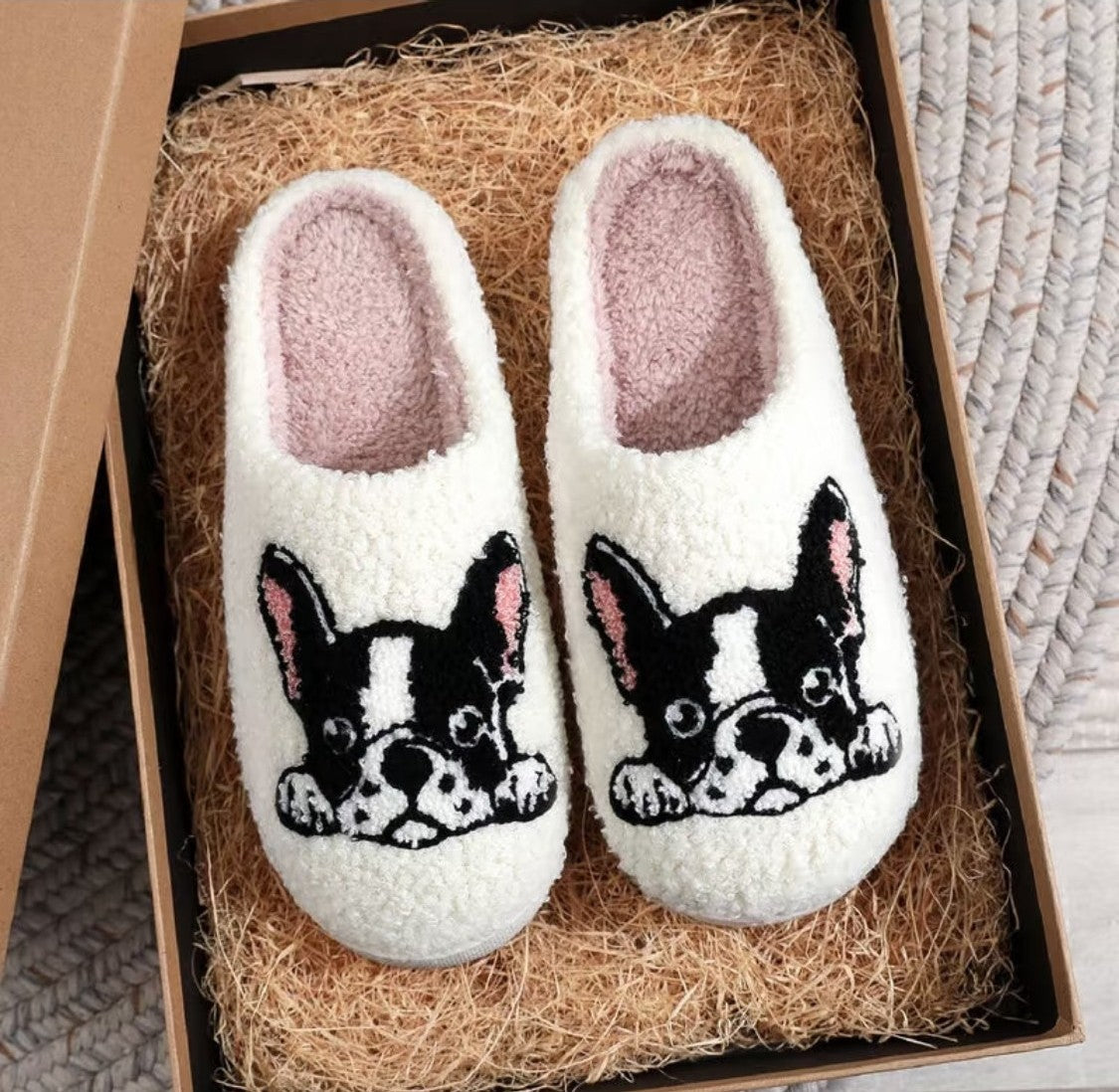 Frenchie Sherpa Mule Slippers — Peeking Bulldog (White)