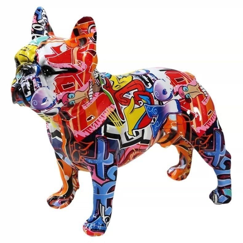 Graffiti Frenchie resin statue — colorful street-art finish on white