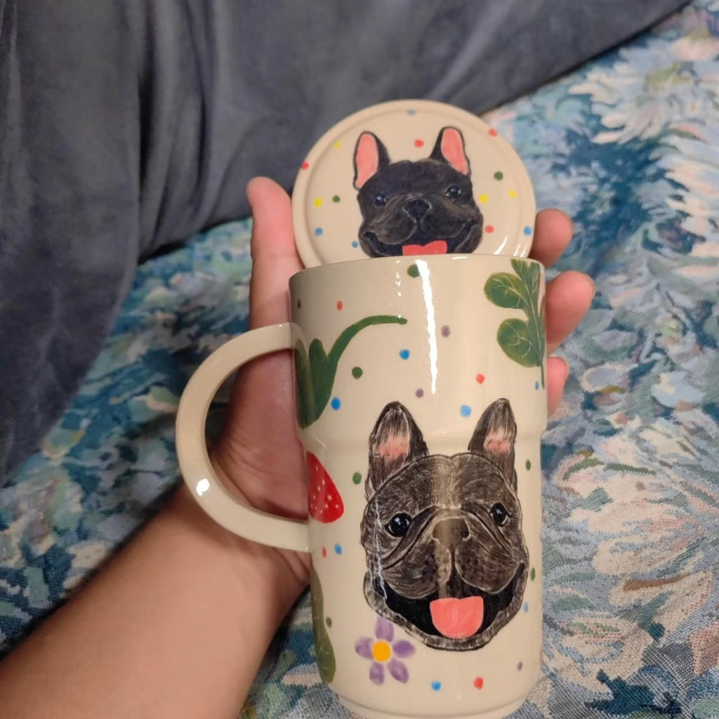 Frenchie Ceramic Mug with Lid — Hand-Painted