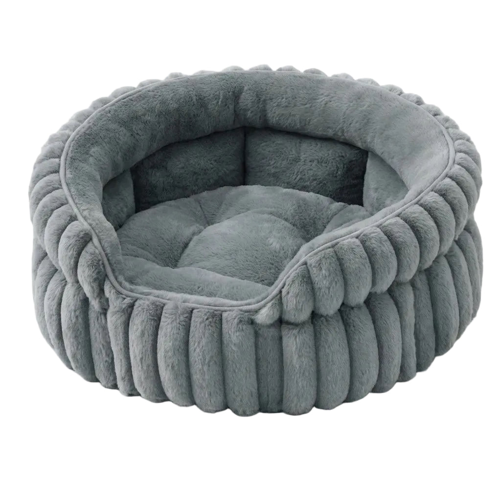 Grey Frenchie plush round pet bed — ribbed exterior, soft faux-fur interior
