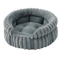 Grey Frenchie plush round pet bed — ribbed exterior, soft faux-fur interior