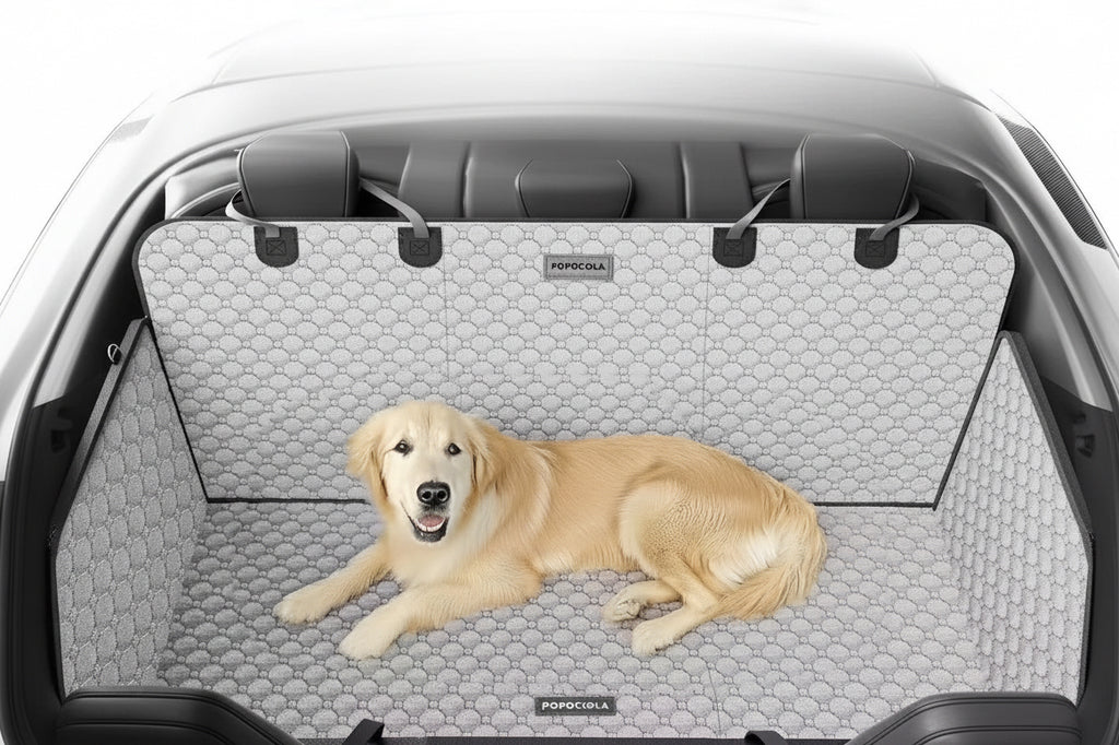 Pet car seat cover hammock with widened hard floor — golden retriever on flat back-seat platform