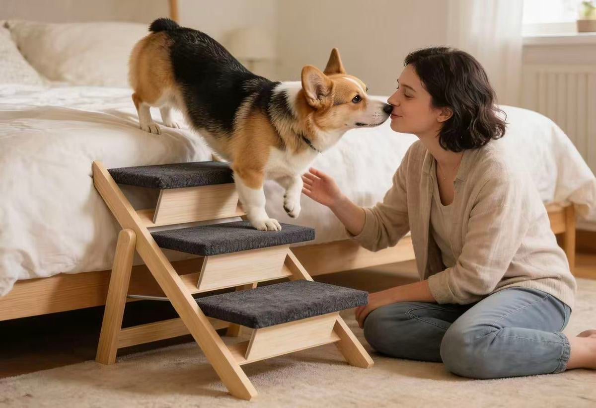 Foldable wooden pet stairs — 3-step lifestyle with Corgi climbing onto bed