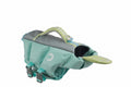 Dog life jacket with chin float — teal/mint and grey studio product shot, lime-green handle and chin pad