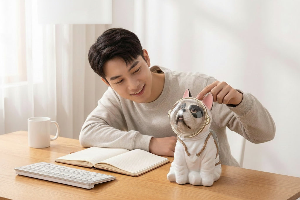 Astronaut Frenchie statue on a desk — cute sci-fi desk décor