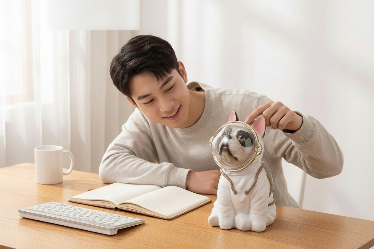 Astronaut Frenchie statue on a desk — cute sci-fi desk décor
