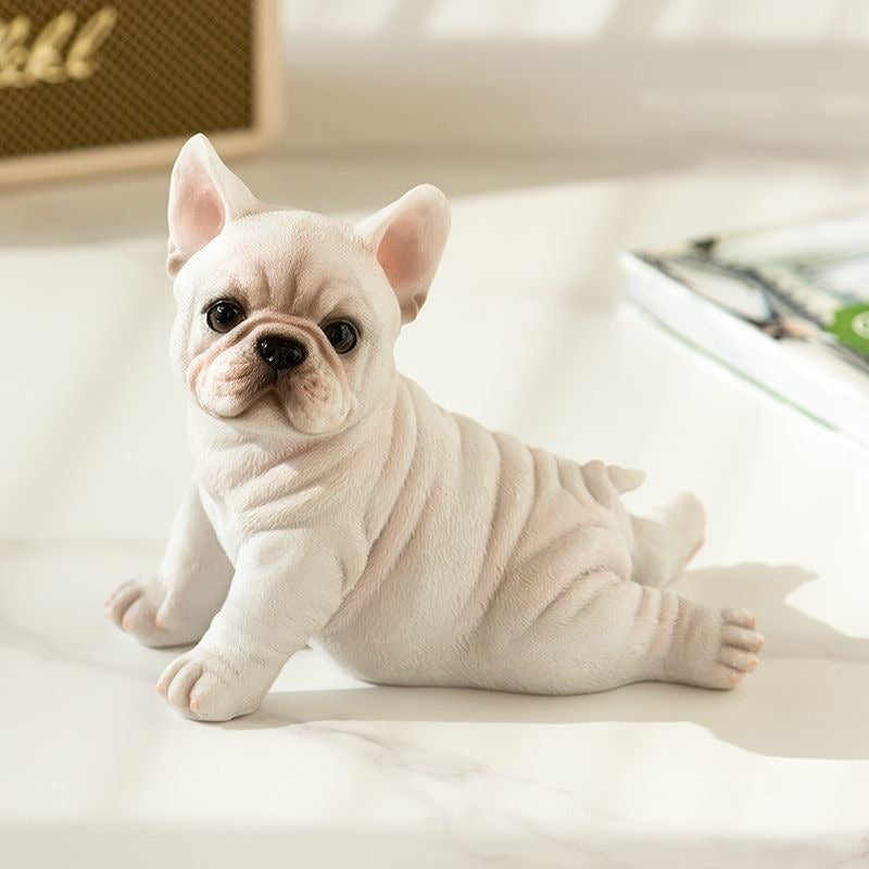 Cream prone Frenchie resin figurine on marble