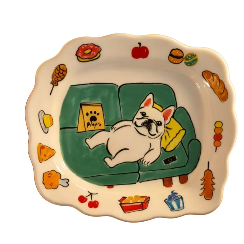 Frenchie Sofa Dessert Plate — Hand-Painted Ceramic