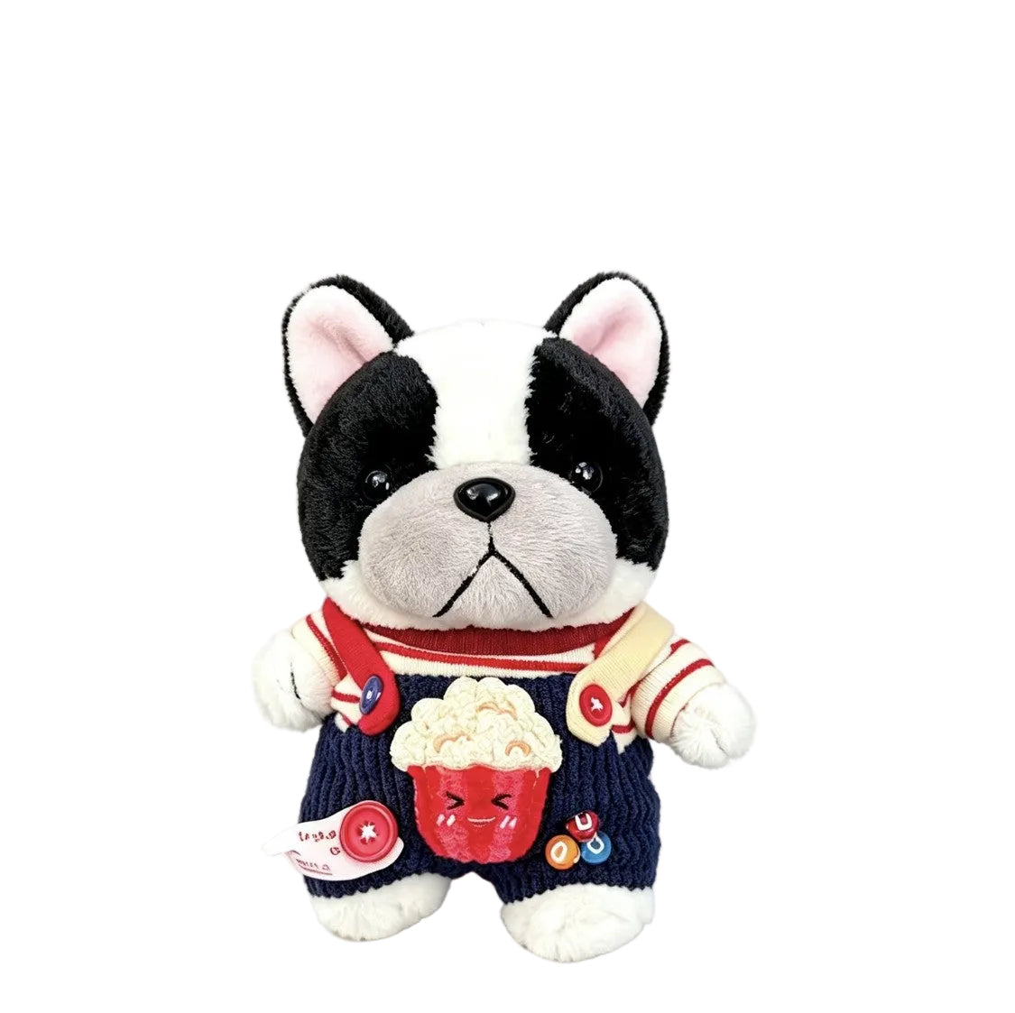 Pied Frenchie plush bag charm in popcorn overalls