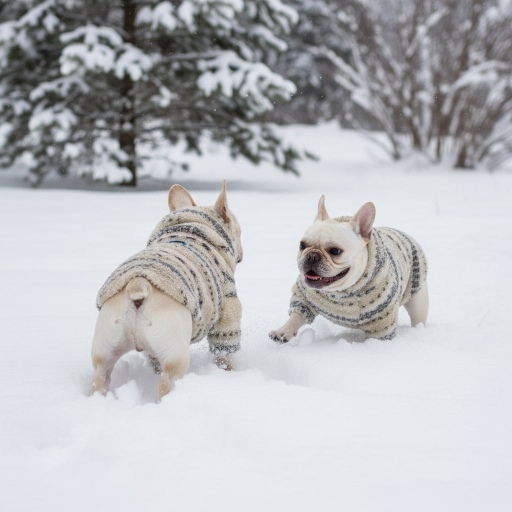 Cream/Grey Fair Isle four-leg fleece — back on dog