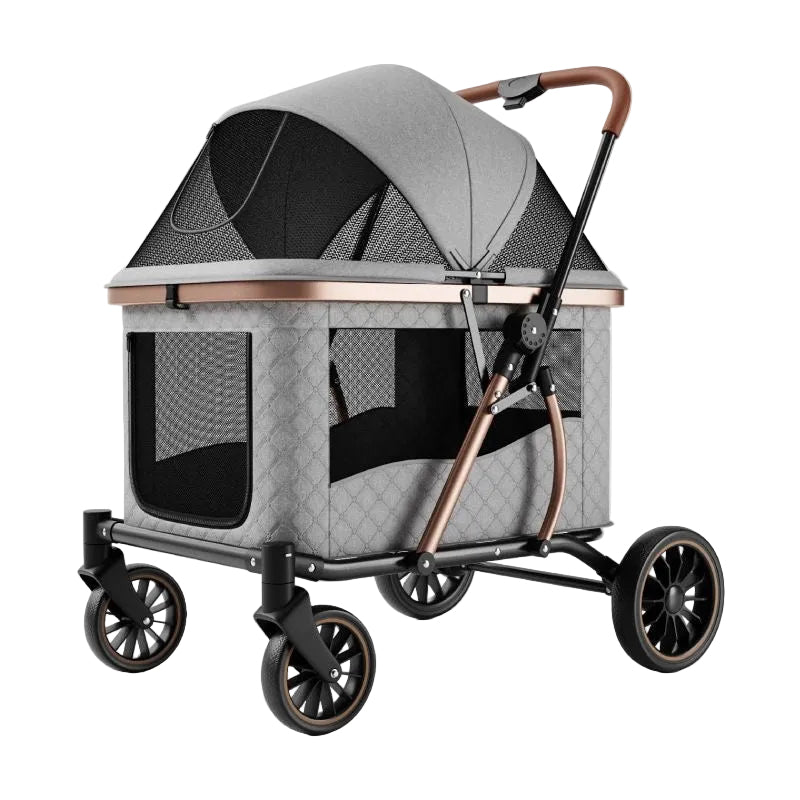 Grey hero — four-wheel quilted pet stroller with rose-gold accents
