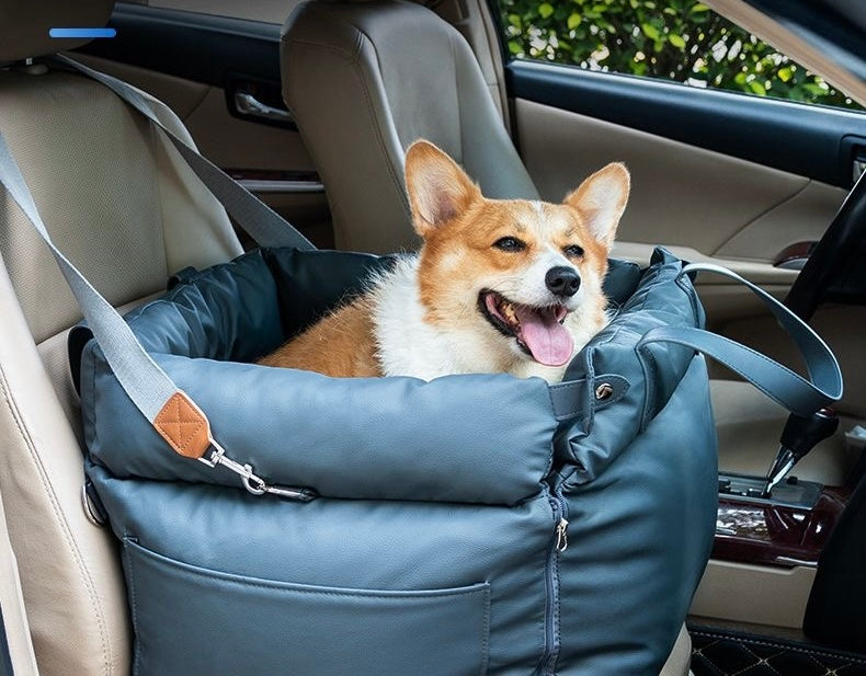 Grey booster carrier in a car with a corgi