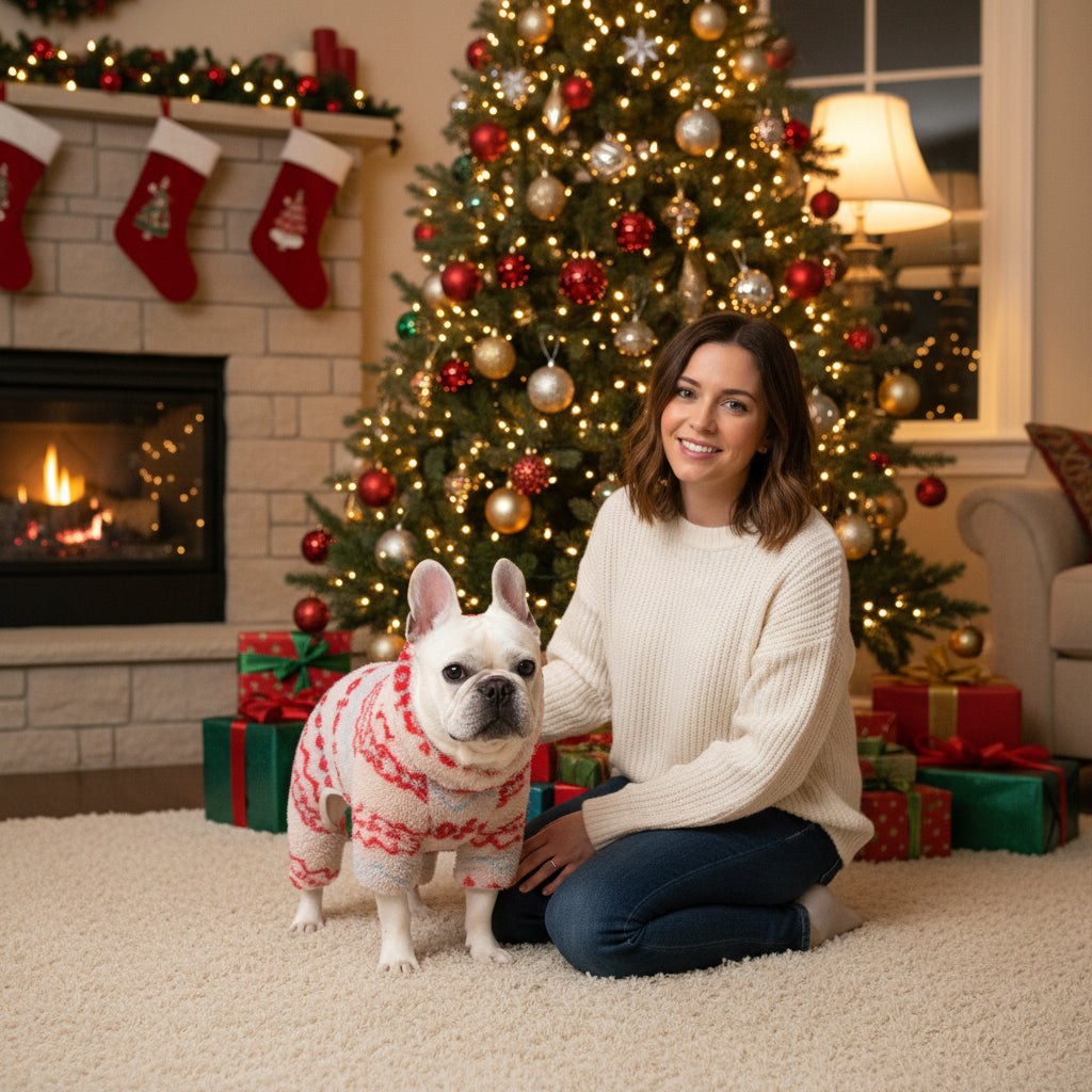 Red Fair Isle four-leg fleece — front on dog