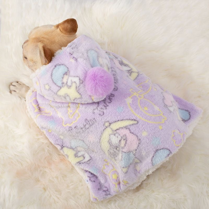 Purple glow-print hooded pet cape — back view