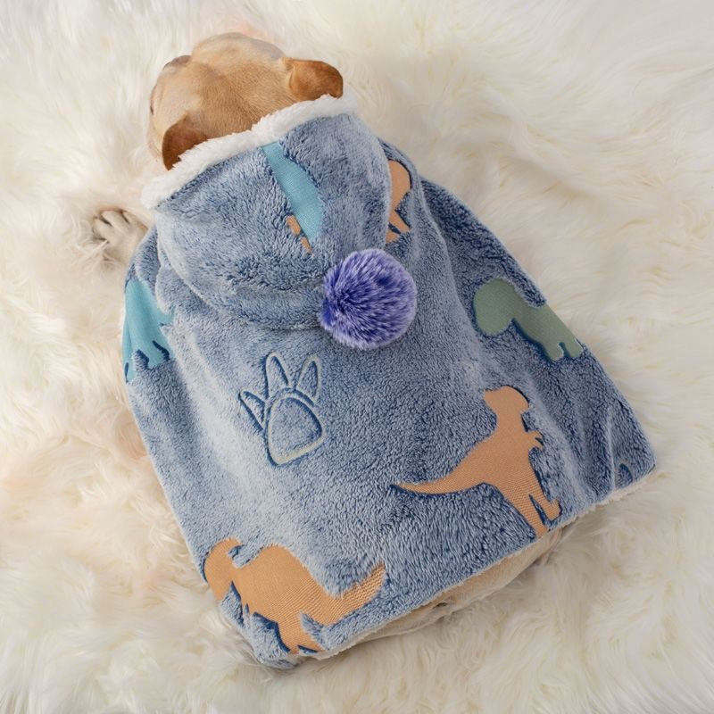 Blue dinosaur-print hooded pet cape — back view