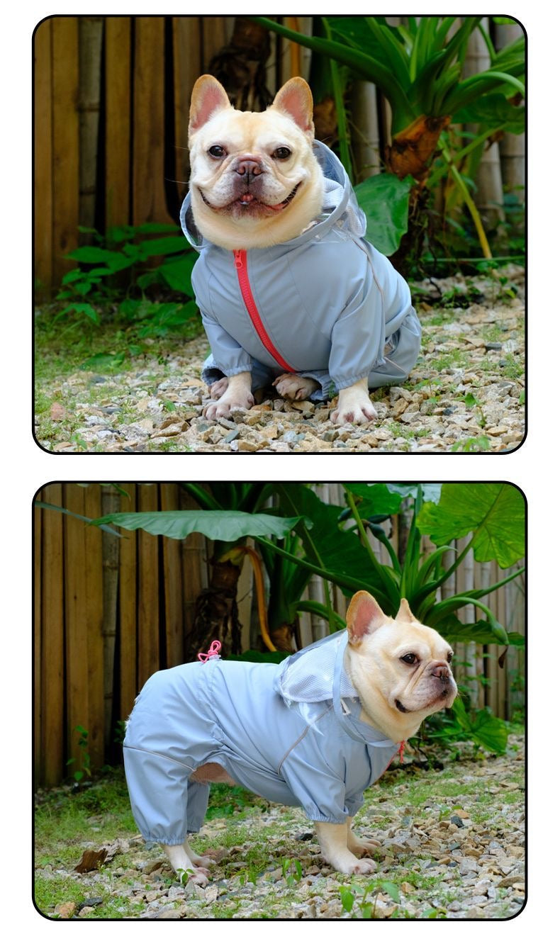 Blue clear-visor raincoat — front sitting and side standing views