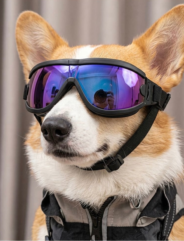 Pet protective goggles — Corgi with purple/blue iridescent rainbow mirror lenses