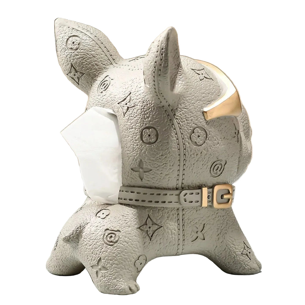 Cream French Bulldog tissue holder — rear three-quarter view with tissue from back slot
