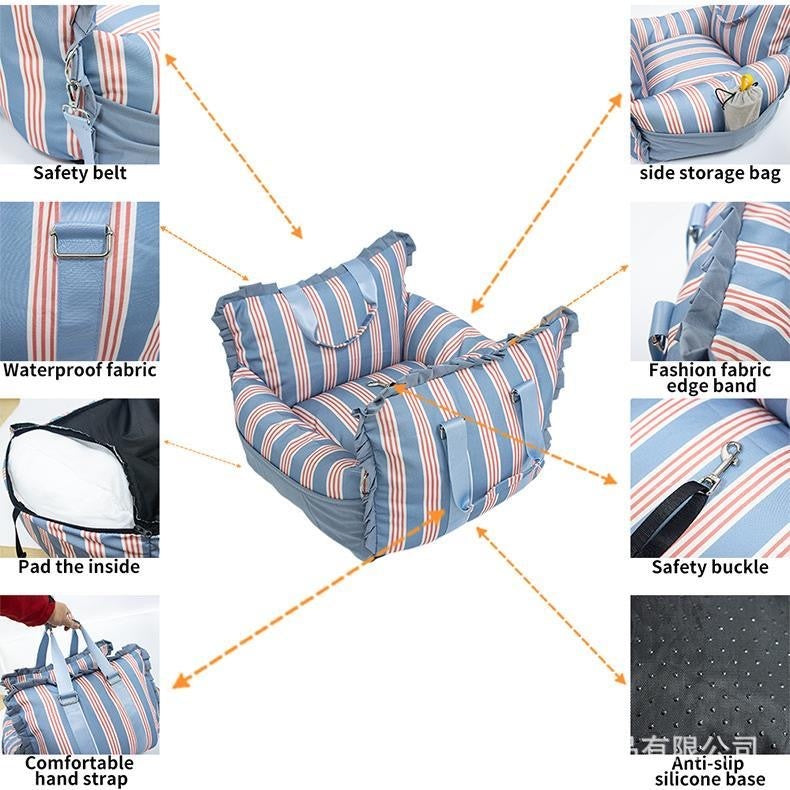 Pet car seat features — safety belt, waterproof fabric, padded insert, carry handles, side storage, ruffled trim, harness clip, anti-slip base