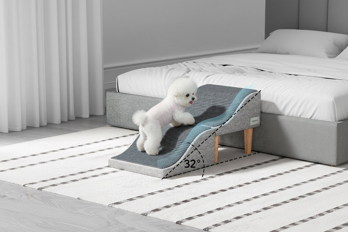 Gentle ~32° wavy slope pet ramp to bed — easier on joints for small dogs
