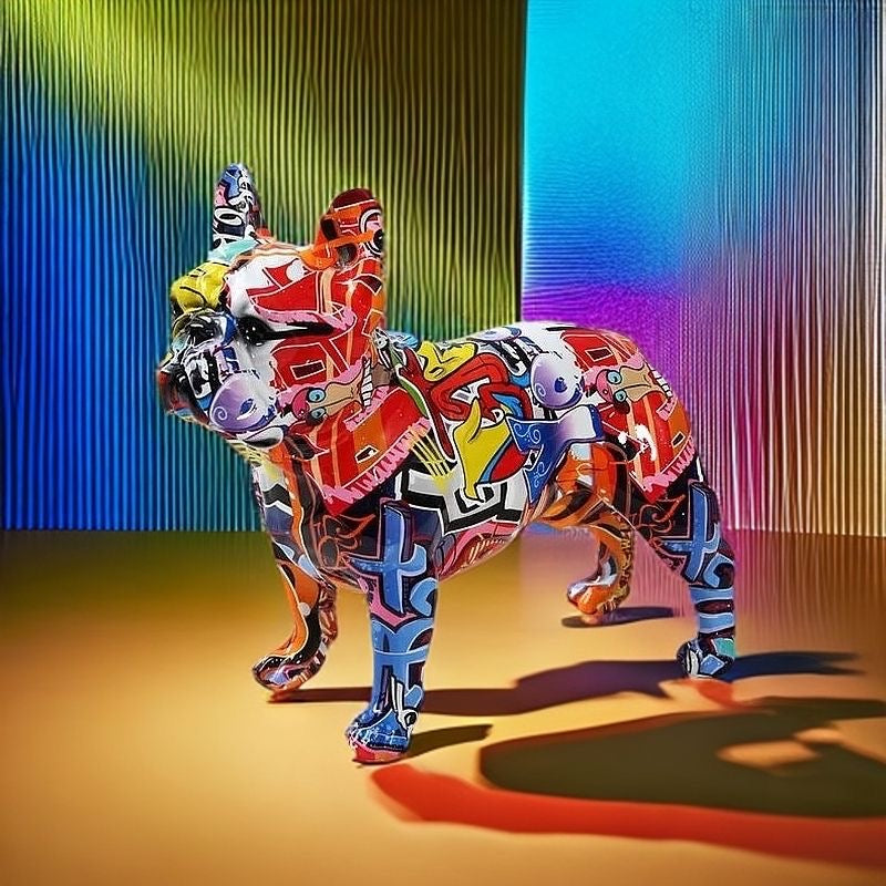 Graffiti Frenchie statue lifestyle — neon backdrop street-art décor