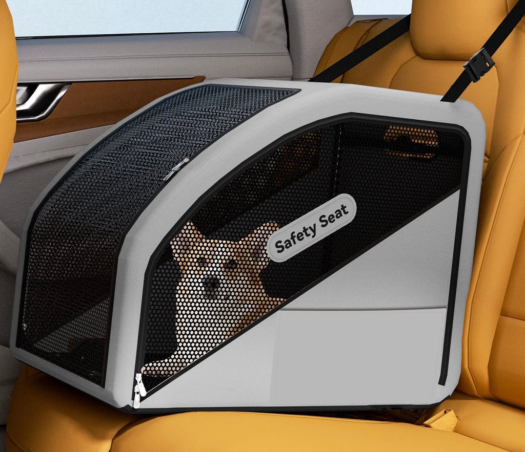 Grey pet car safety seat secured on car seat with dog — in-car use with headrest strap