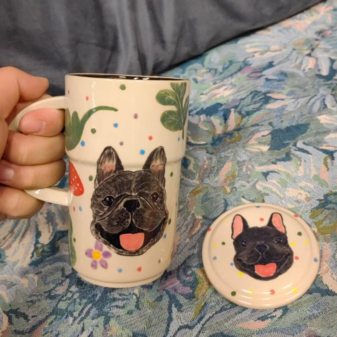Frenchie Ceramic Mug with Lid — Hand-Painted