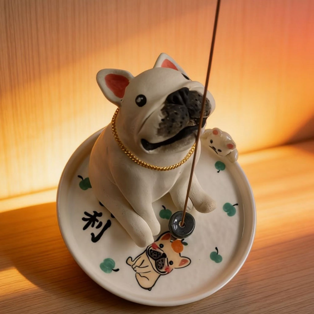 Frenchie Ceramic Incense Burner Set — Figurine + Tray