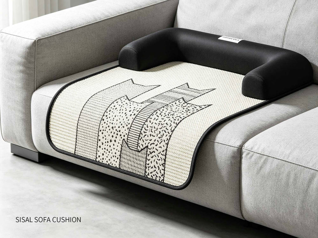 Sisal sofa pet mat with U-shaped black bolster on grey fabric sofa — furniture protector