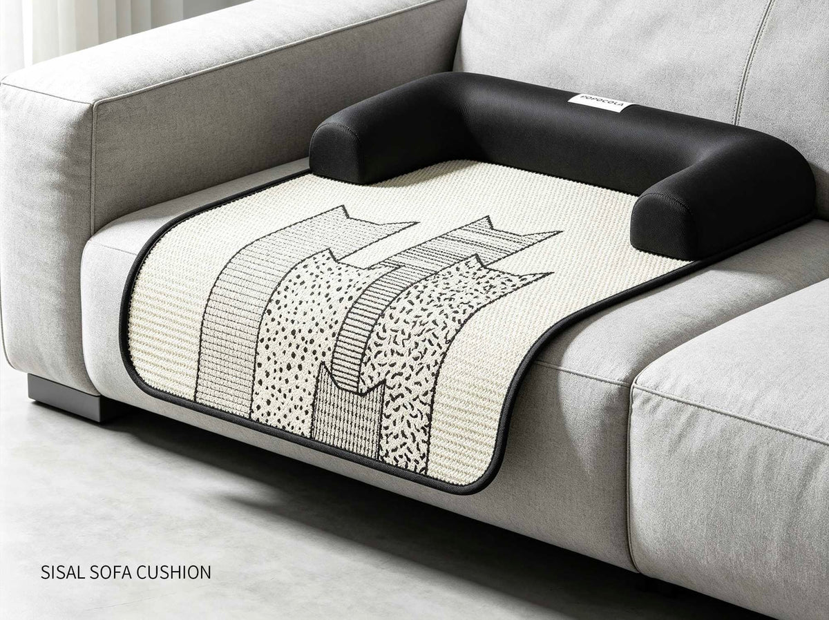Sisal sofa pet mat with U-shaped black bolster on grey fabric sofa — furniture protector