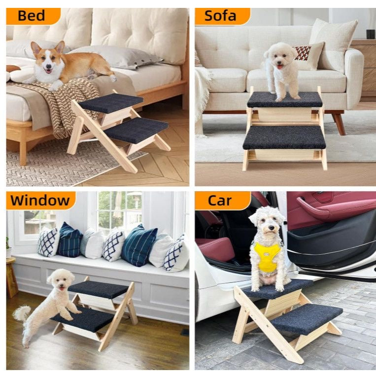 Pet stairs use cases — bed, sofa, window, and car access collage