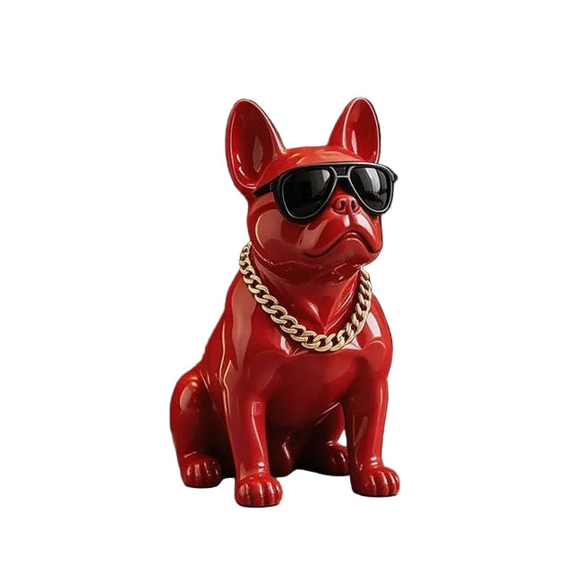 Large glossy red French Bulldog floor statue with sunglasses and gold chain — near stairs