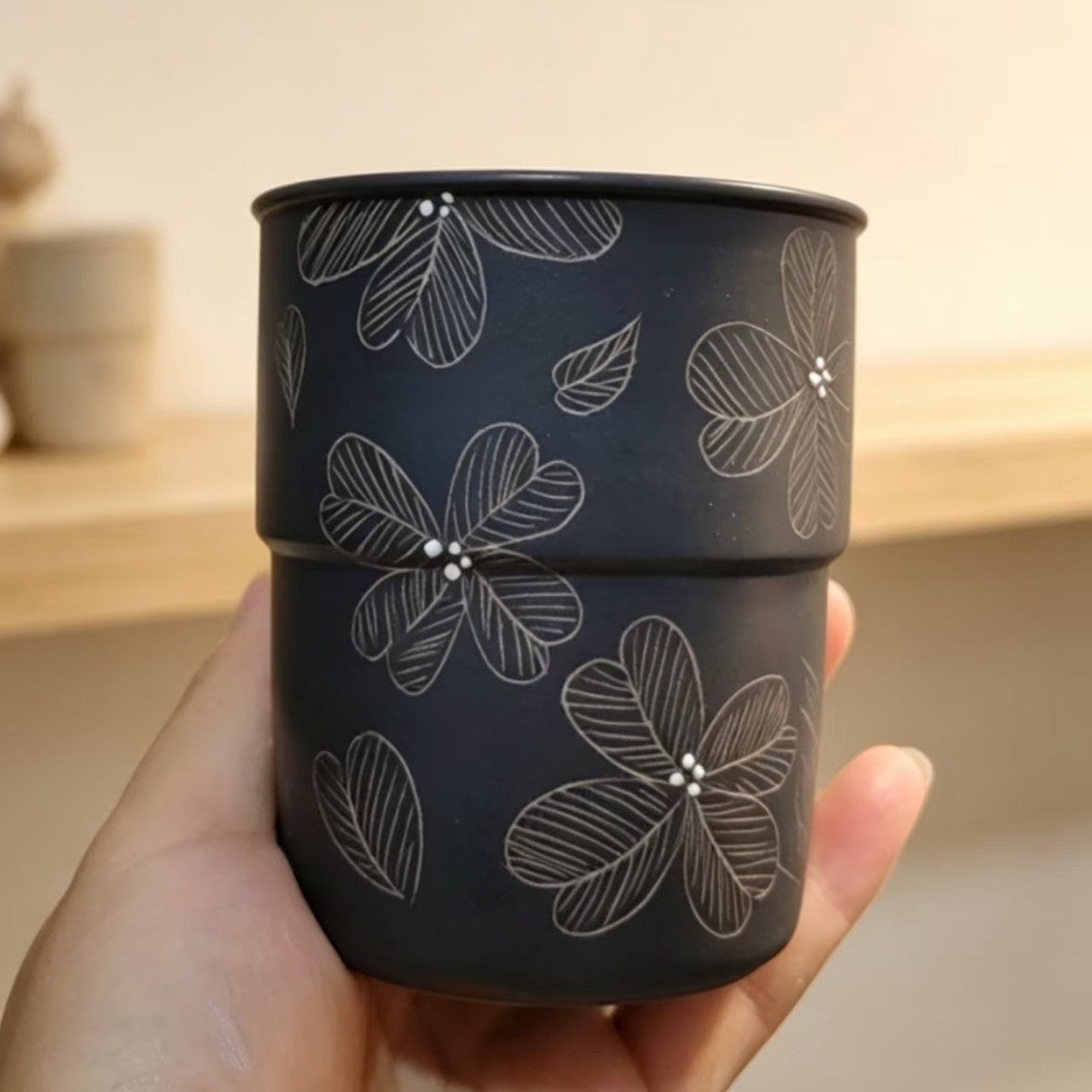 Matte Black Carved Frenchie Cup — Etched Line Art