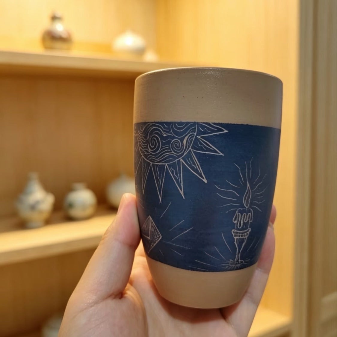 Frenchie Carved Ceramic Tumbler — Navy Glaze