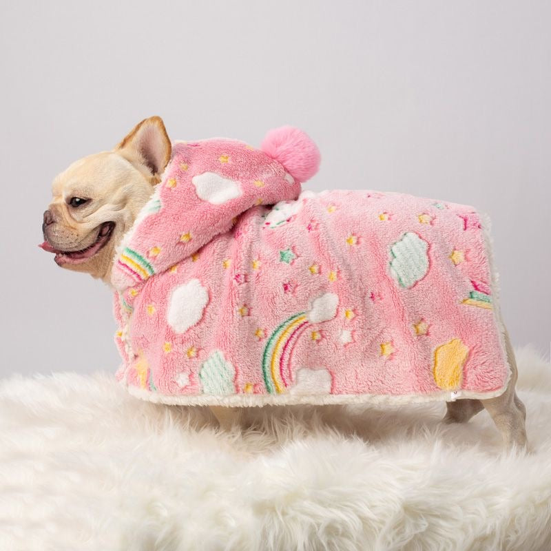 Pink Rainbow hooded plush cape on Frenchie — side view