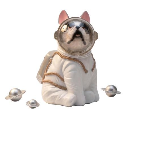 Astronaut Frenchie resin statue — spacesuit with clear bubble helmet and Saturn props