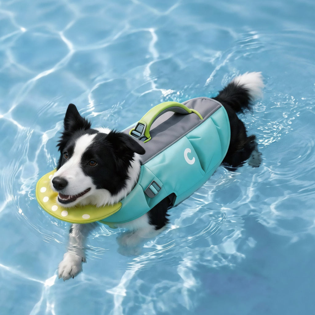 Border Collie swimming in a pool wearing teal and grey dog life jacket with chin float