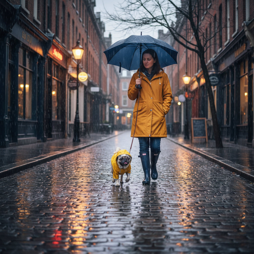 Yellow speckled visor pet raincoat on pug — side profile