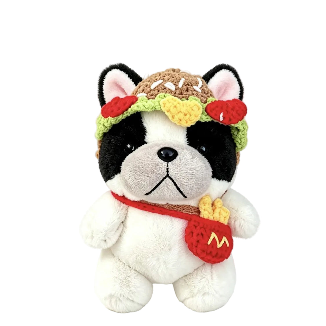 Pied Frenchie plush bag charm in burger hat and fries pouch