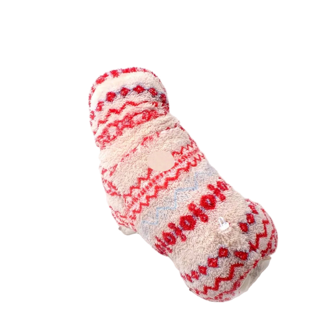 Red Fair Isle four-leg fleece — back on dog