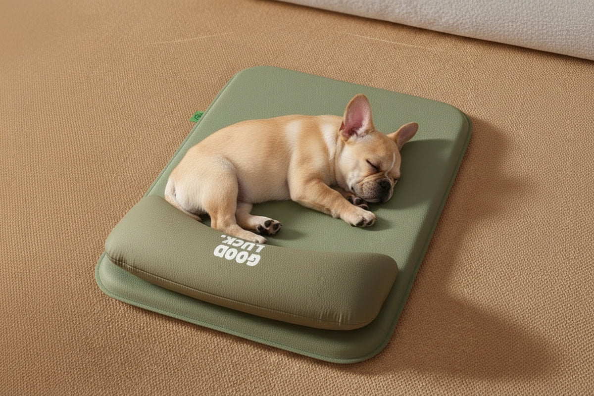 Sage green pebbled leather-look pet headrest mat — puppy sleeping on mat