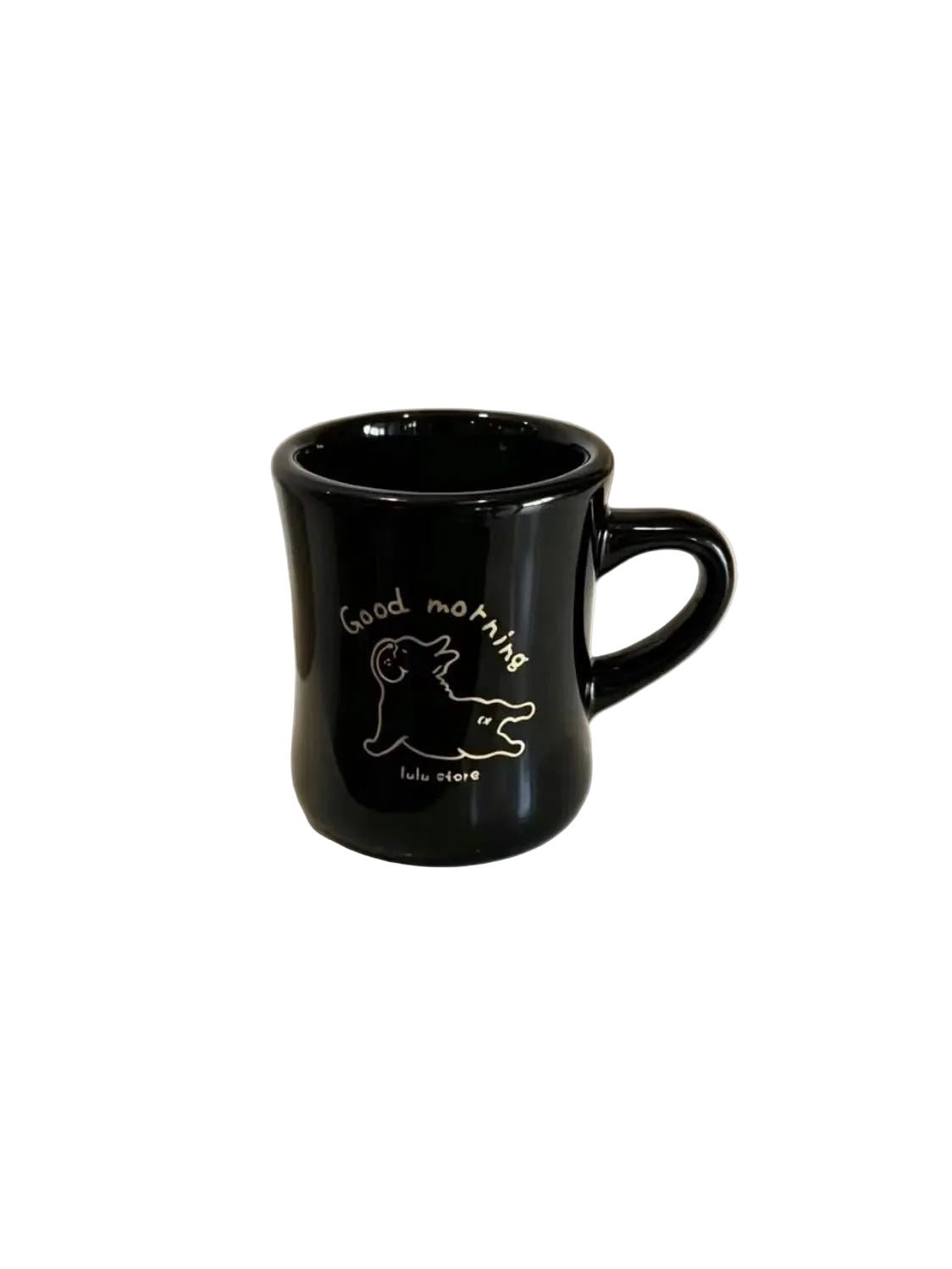 Black Good Morning Frenchie ceramic mug on a shelf